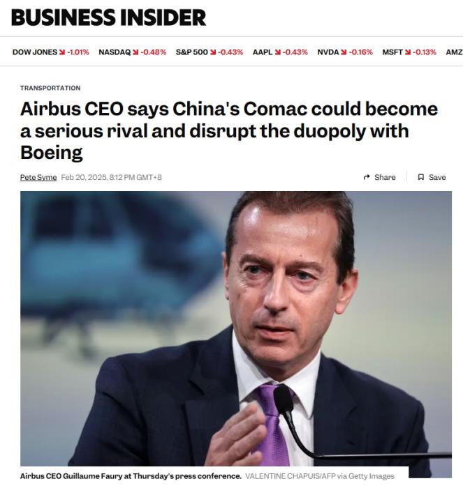 空客CEO:中国商飞有望打破飞机制造业行业垄断